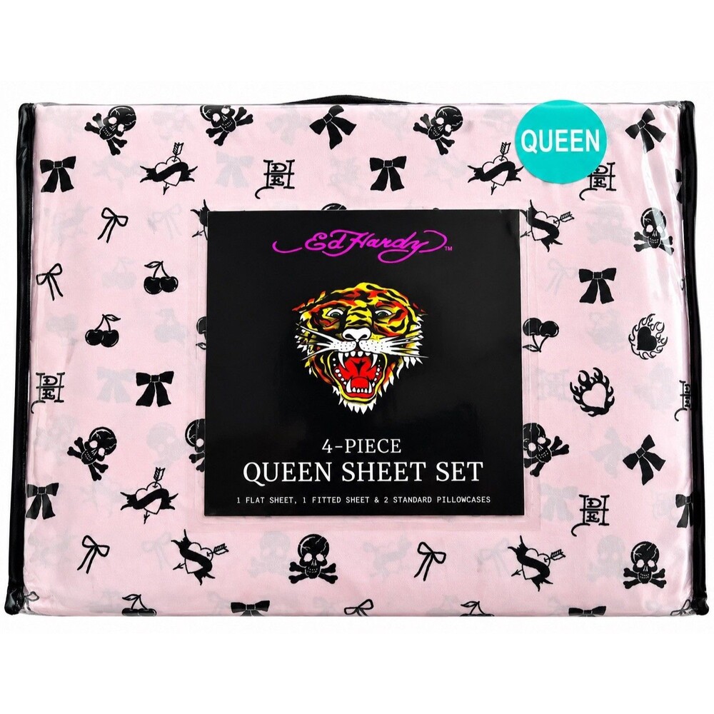 Ed Hardy Queen Sheet Set 4 Piece Pink Black Skull Hearts Y2K Tattoo Gothic